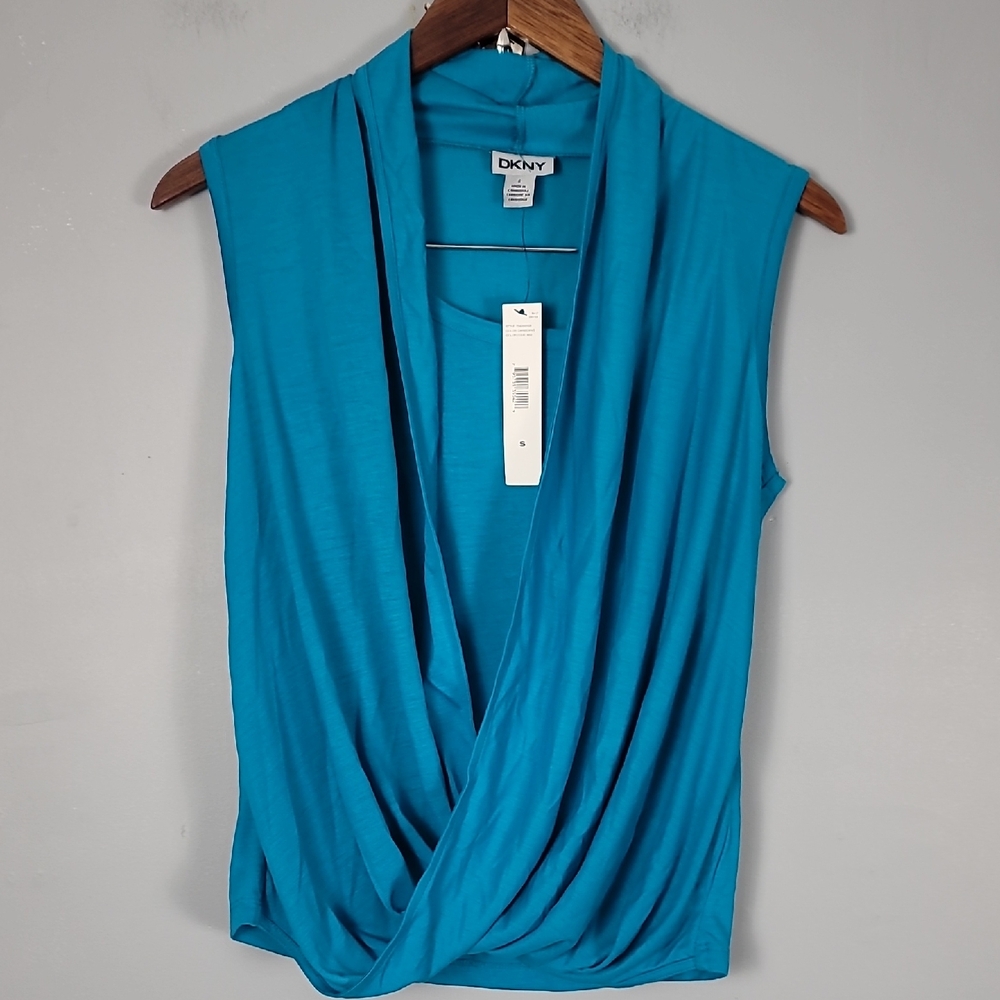 DKNY Blue Green Sleeveless Wrap Blouse